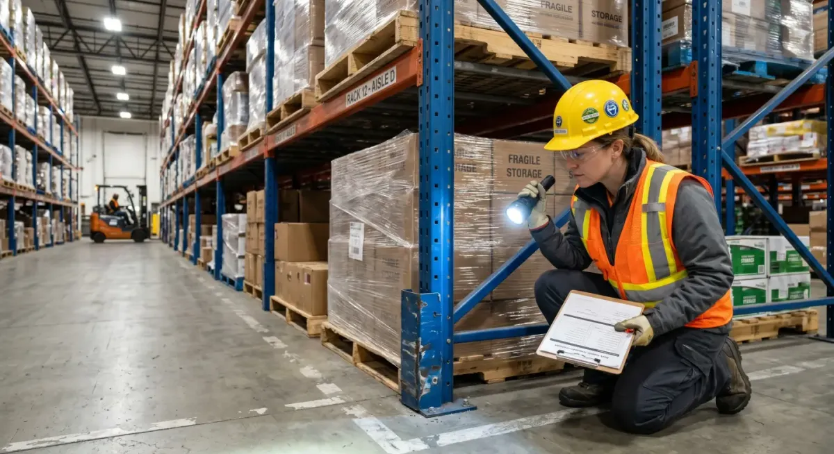 Rack inspector checking a damaged upright with a flashlight in a stocked selective racking aisle