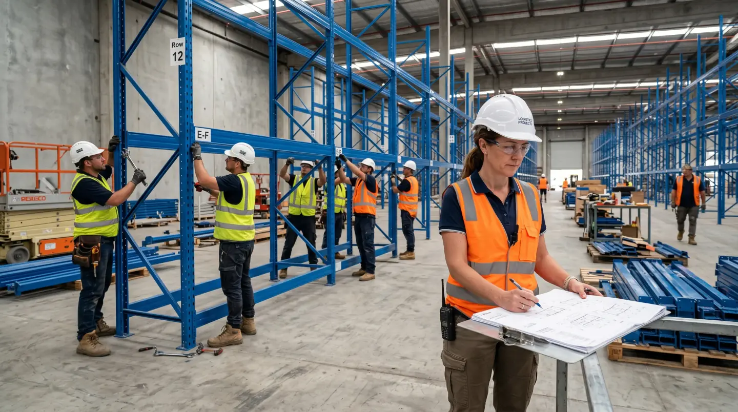 Crew assembling new pallet racking while a project manager reviews plans