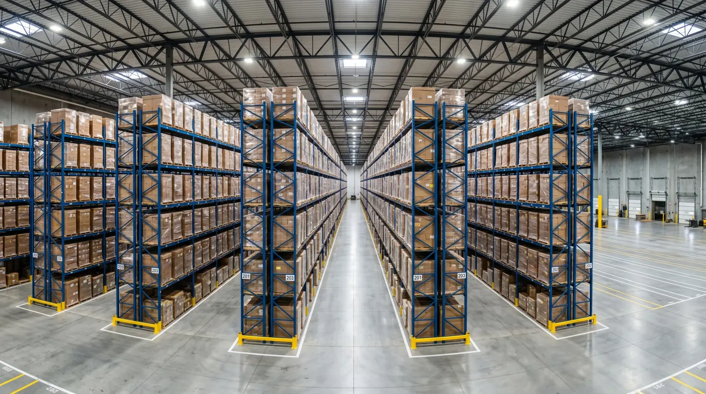 Rows of blue selective pallet racking in a large distribution center