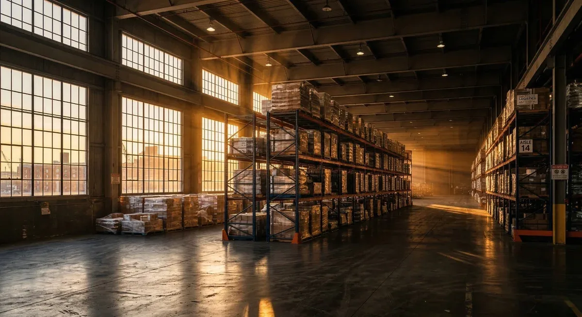 Pallet racking inside an older brick warehouse with tall industrial windows at sunset