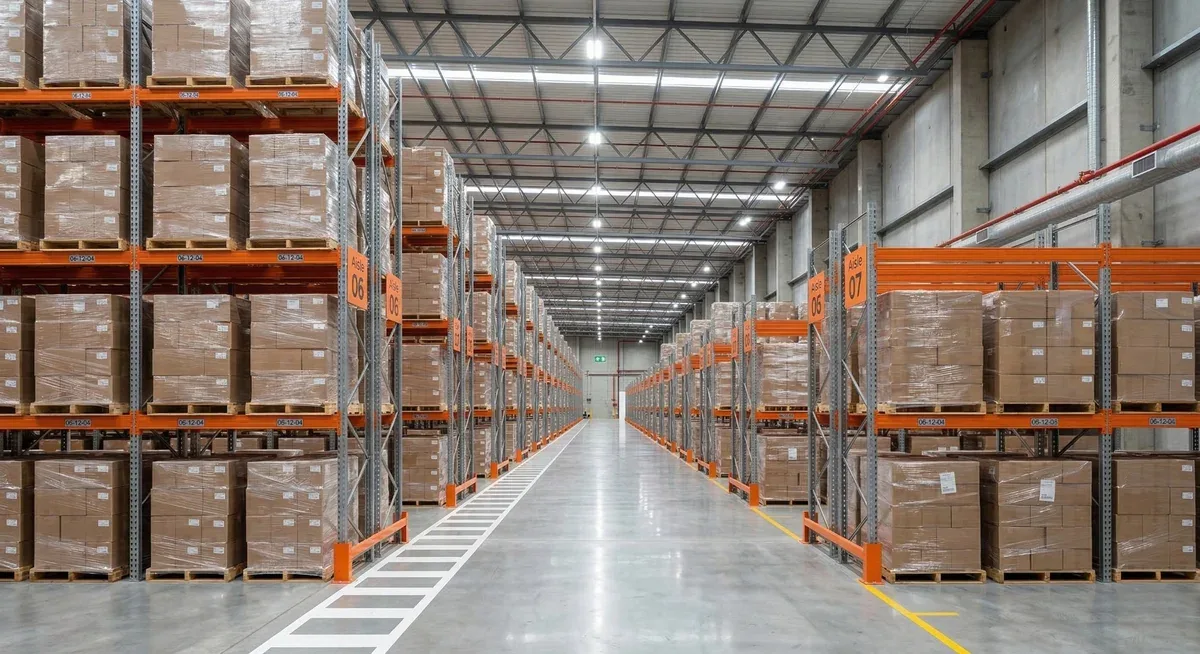 Long racking aisles loaded with cartons in a high-bay distribution warehouse