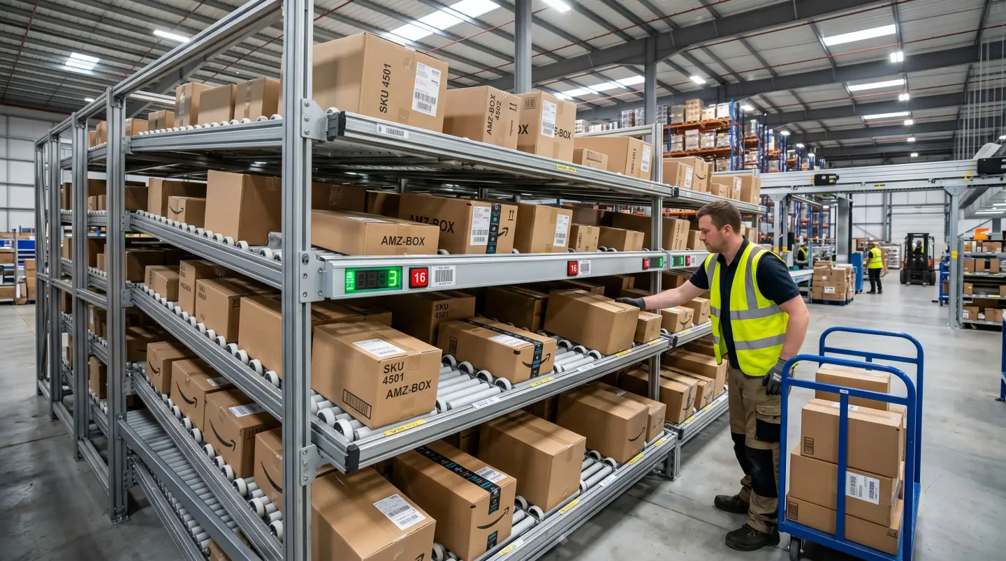 Multi-tier carton flow rack with skate-wheel tracks and warehouse operator picking cases in a Dulles corridor fulfillment center